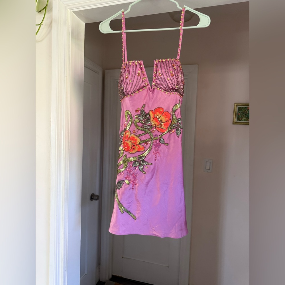 ASOS design Bias Cut Mini pink Satin Dress With Floral Embellishment Size 0